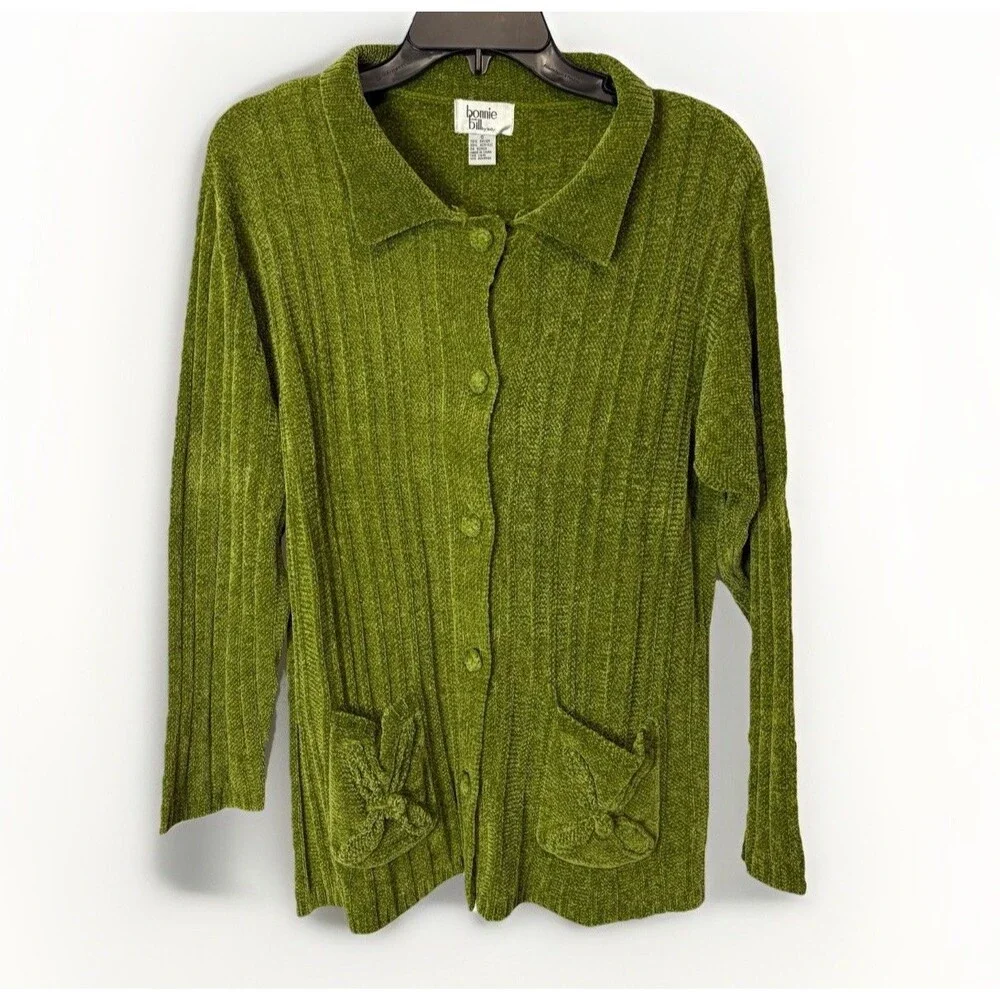 Vintage 90s Small Chenille Sweater Cardigan Peter Pan Collar Pockets‎ Green Cozy